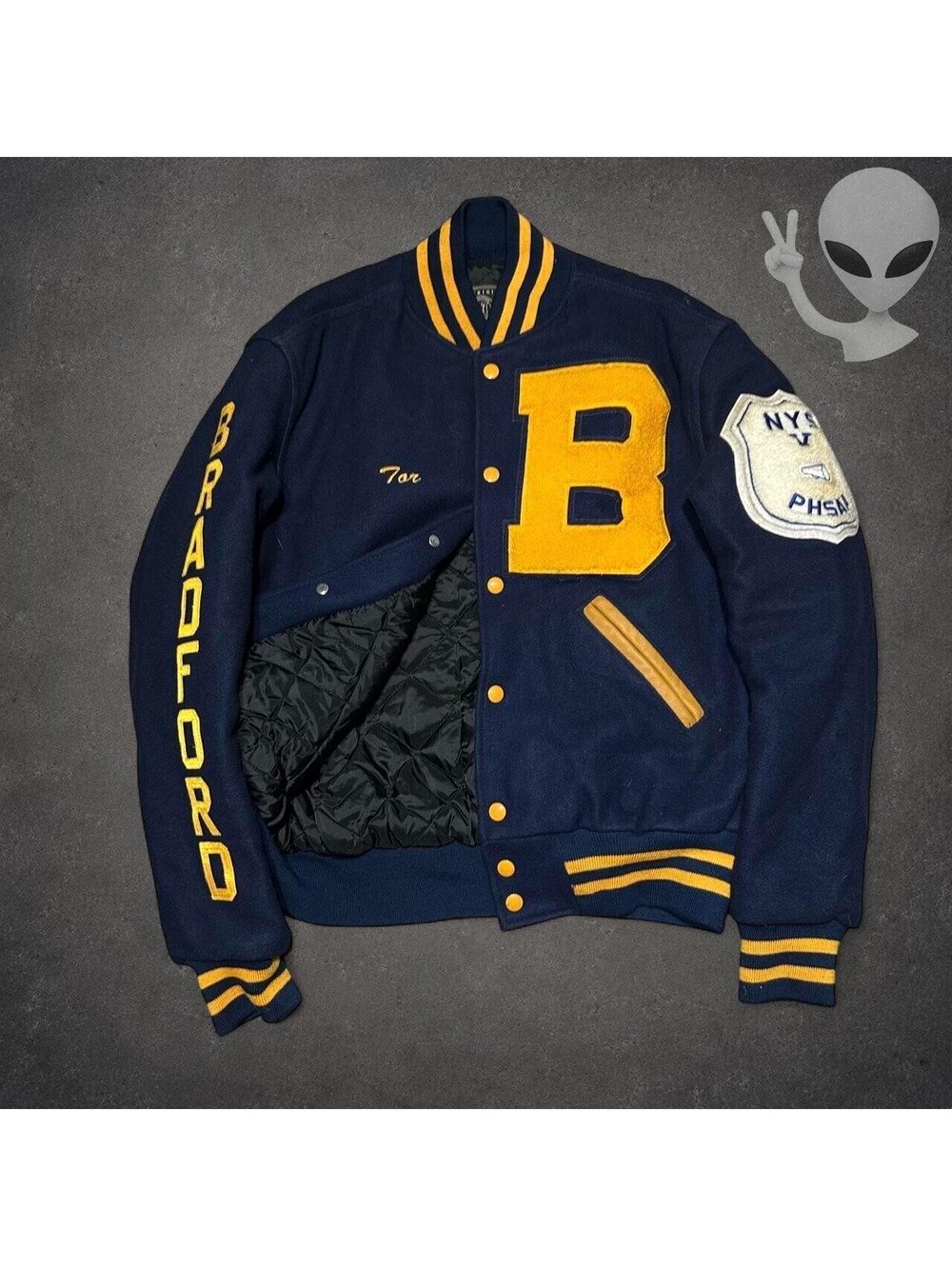 Vintage Bradford High School Wool Varsity Letterman Jacket Navy Yellow Men Small